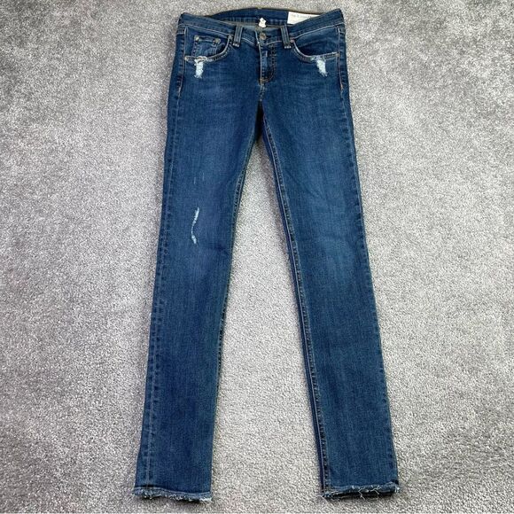 Rag & Bone Jeans Women's 26 Blue Skinny Low Rise Dark Denim Stretch Distressed - Picture 1 of 12